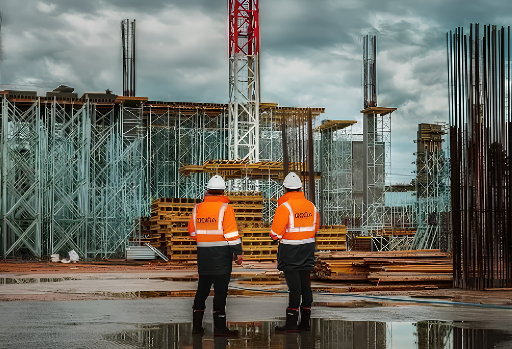 operai all'interno di un cantiere che controllano una gru