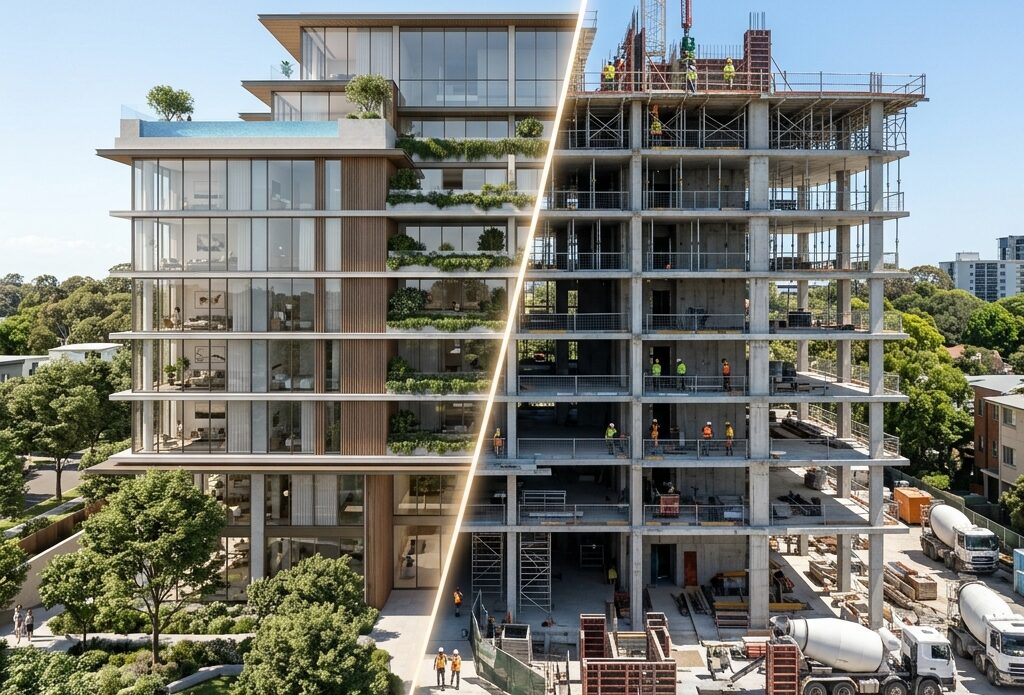 transizione da render di un palazzo a cantiere reale