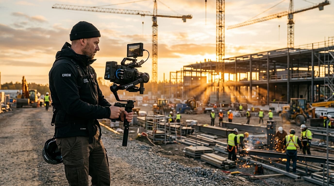 Videomaker di profilo che effettua riprese in un cantiere edile dinamico durante il tramonto utilizzando una telecamera professionale montata su gimbal.